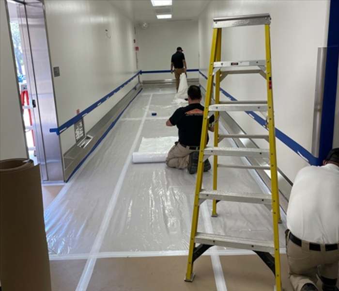 three employees and a ladder in a hallway preparing for a mold remediation project